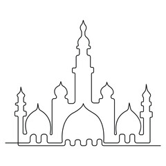 Continuous one line art drawing of Masjid Islamic ornament sketch outline art vector illustration.
