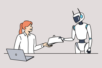 Robot assistant helps woman office worker by handing over documents and eliminating routine paperwork. Businesswoman with laptop uses services of robot to increase productivity in performing tasks.