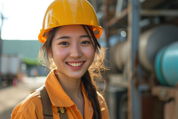 Asian woman wearing Construction worker uniform for safety on site