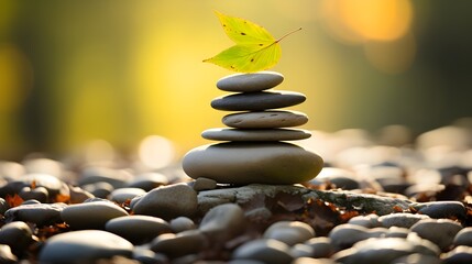 Bright light green young leaf  on top of a stone stack in autumn forest, peaceful zen buddhism influenced atmosphere, created with Generative AI Technology