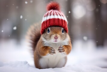 a little squirrel is depicted in a red and white sweater and hat