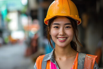 Asian woman wearing Construction worker uniform for safety on site