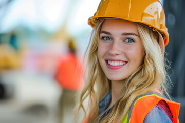 Blonde woman wearing Construction worker uniform for safety on site