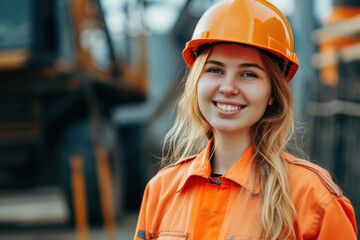 Blonde woman wearing Construction worker uniform for safety on site