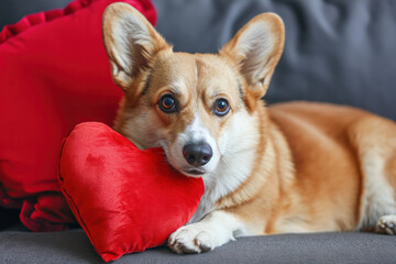 corgi hugging heart-shaped pillow 