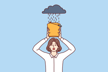 Woman afraid of rain, covering head with bucket of water, for concept of business problems and crisis situation. Girl in formal wear stands under cloud with shower and needs help from crisis manager. © drawlab19