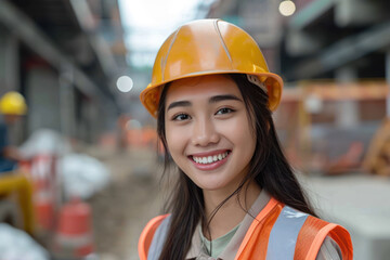Malay woman wearing Construction worker uniform for safety on site