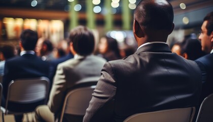 Fototapeta premium Unidentified participant at business symposium in conference hall listening to speakers