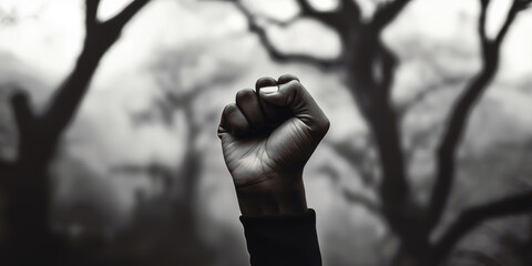 Black and white photo of a raised fist of an african american black man on blurred background with...