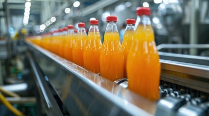 product bottles fruit juice on the conveyor belt in the beverage factory, industrial, manufacture, production, line, plant, technology, juice, machine, machinery, equipment, automated