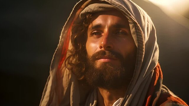 Jesus Christ in a sunset background looking forward at camera, Christian concept Generative AI 