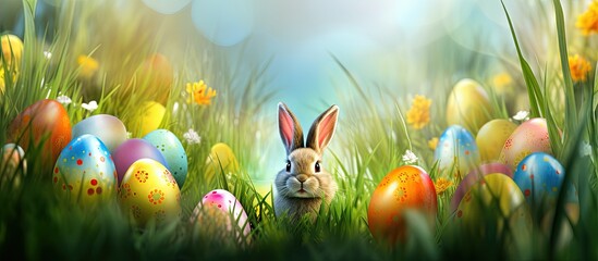 bunny ears and colored egg in a grass background - obrazy, fototapety, plakaty