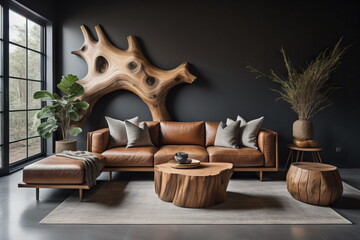 Live edge coffee table near rustic wood log sofa and chair against black wall with tree root ball wall decor. Wabi-sabi home interior design of modern living room