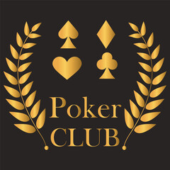 Poker club logo with golden laurel wreath on black background