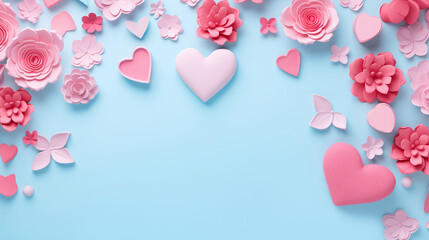 Obraz premium Vibrant pink paper flowers and hearts scattered on a soft blue backdrop
