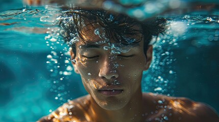 Portrait. Young Thai man posing underwater with open eyes.