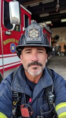 Fototapeta premium Firefighter man takes a selfie photo with thre truck on background.