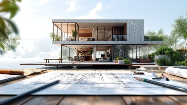 Blueprint for a new house, new building on background. Architecture design concept.
