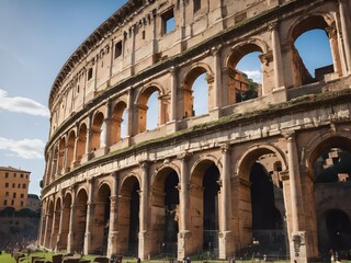 Fototapeta premium The Colosseum stands under the clear blue sky, its ancient arches and weathered stones a testament to Rome's enduring history
