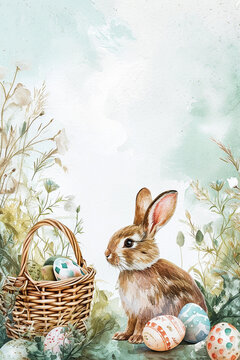 A cute Easter bunny sits near a wicker basket with Easter eggs. Religion and culture concept. spring holiday, symbol of Easter. Watercolor drawing in pastel colors with place for text, free space