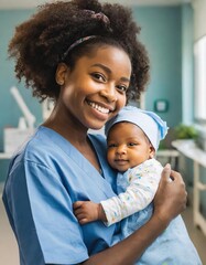  Nurse cradling a infant, newborn baby, displaying genuine emotions of nurture and care. Tender healthcare moment captured in a modern hospital setting