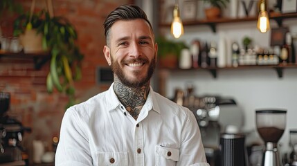 Caucasian man, waiter poses elegantly with white t-shirt, tattooed neck and beard, smiling pose inside a bar. - obrazy, fototapety, plakaty