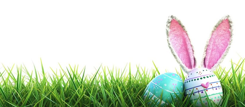bunny ears and colored egg in a grass background