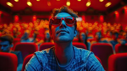 People in the cinema enjoying a 3D film wearing glasses.