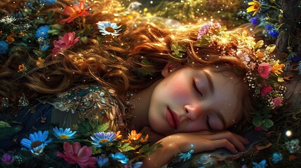 Cute girl having a dream, recreation.