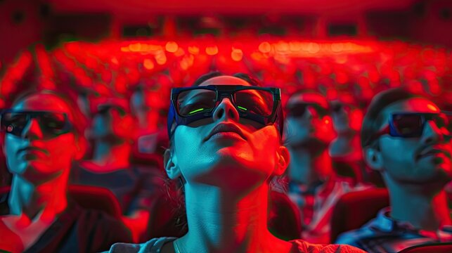 People in the cinema enjoying a 3D film wearing glasses.