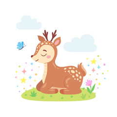 Cute little deer sitting on grass with flower and butterfly. Forest baby animal. Funny childish character for greeting card, poster, kid clothing, cover, invitation or print design. Vector