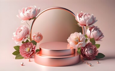 rose gold pedestal podium set. plain display on pink background with flowers falling, floral podium. Showcase scene for beauty product, cosmetic presentation. Abstract minimal, 3D render, ai card