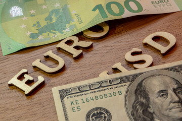 European euro currency and American dollar usd cross exchange rate theme, euro and usd word concept...
