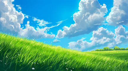Fototapeta na wymiar Digital painting of a landscape with meadow and clouds in a blue sky