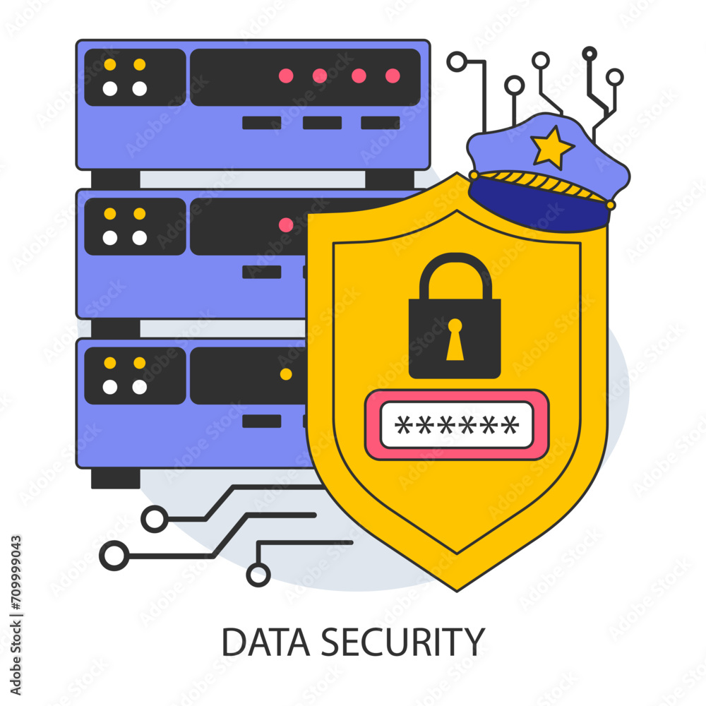 Poster data security. shielded servers and encrypted access points. secure data management with robust cybe