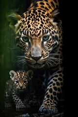 Beautiful jaguar and baby in the jungle. Amazing Wildlife.