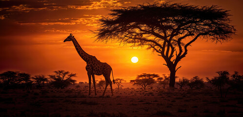 Fototapeta na wymiar Giraffe walking through the savana at sunset. Amazing African wildlife.