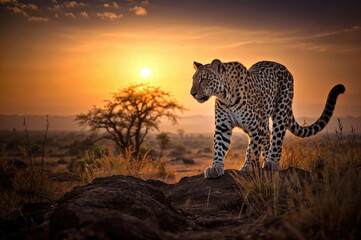 Leopard standing on a rock the savanna at sunset. Amazing African wildlife