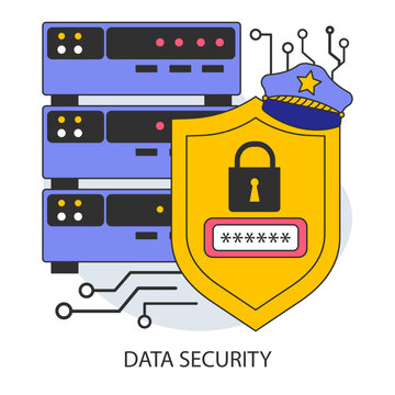 Data security. Shielded servers and encrypted access points. Secure data management with robust cybersecurity measures in place. Flat vector illustration.