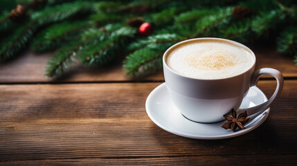 Obraz na płótnie Canvas Christmas coffee cup with fir branches and copy space on background. Winter latte, hot drink. Cozy atmosphere. Christmas and New Year cappuccino coffee