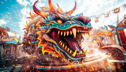 Diverse Mythical chinese Dragon at a Colorful Amusement Park - obrazy, fototapety, plakaty