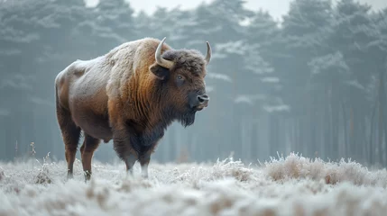 Poster Im Rahmen bison animal walking in winter © Tomasz