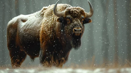 Wandcirkels tuinposter bison animal walking in winter © Tomasz