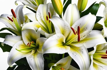 Obraz premium lily flowers Isolated on white background. Beautiful White Lily flower close up. Background with flowering bouquet. Inspirational natural floral spring blooming garden or park. Ecology nature concept