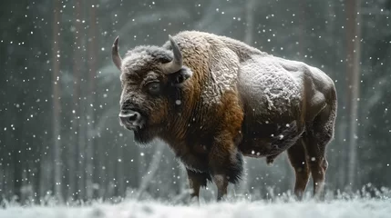 Fotobehang bison animal walking in winter © Tomasz
