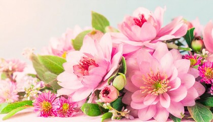 Obraz na płótnie Canvas Spring floral composition made of fresh pink flowers on light pastel background