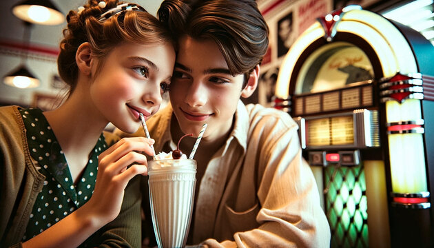 Young Love: Two Teenagers Sharing a Classic Milkshake at a Vintage Diner