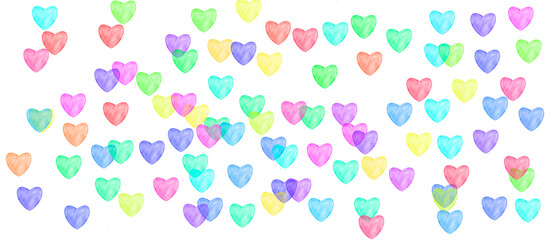 Abstract collage of festive isolated watercolor heart shapes