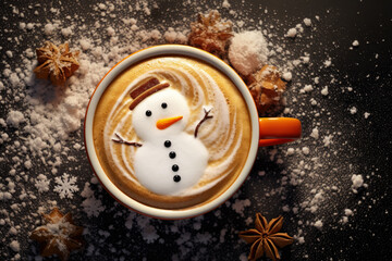 Christmas cup of coffee with latte art, milk foam snowman. Cozy atmosphere. Holiday background with copy space. Christmas and New Year cappuccino coffee