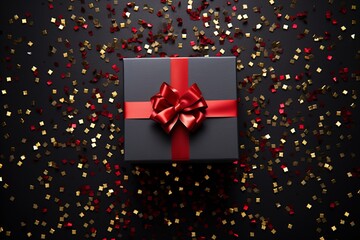 Top view gift box, adorned with vibrant ribbon. Greeting card. Flat lay style with copy space.